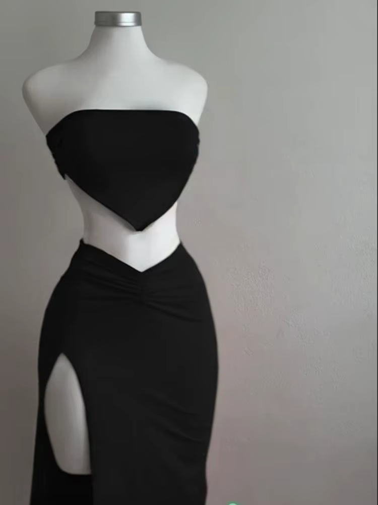 Ensemble 2 pièces pour femmes, haut court, dos nu, jupe taille haute, Sexy, Slim Fit, robe mi-longue