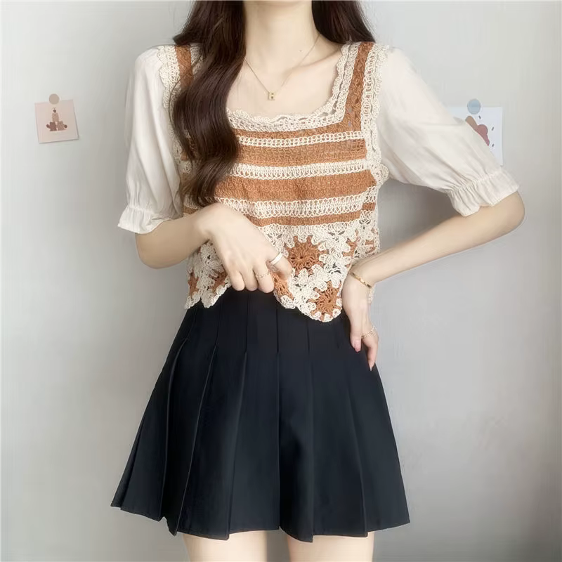Chemisiers à manches courtes bouffantes pour femmes, tenue de loisirs assortie, en dentelle droite,