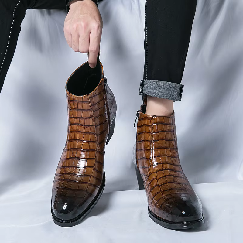 Hommes talons hauts Chelsea bottes PU motif en relief pointu mode classique Banquet hommes bottes