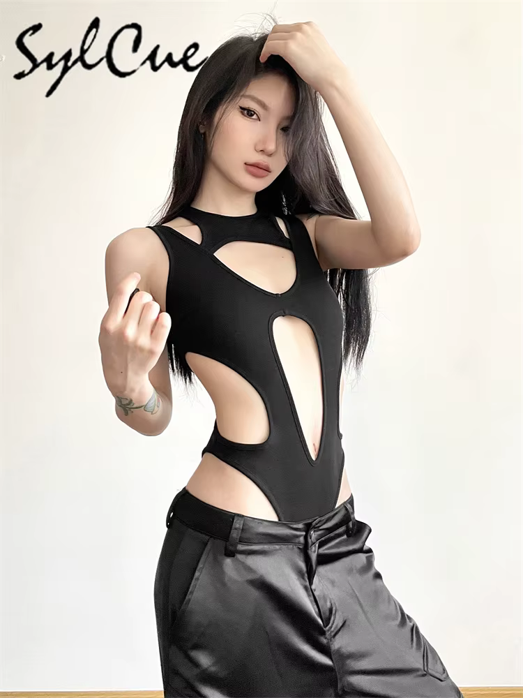 Sylcue noir mystérieux Sexy discothèque chaude creux tout-Match Cool personnalité à la mode Mature b