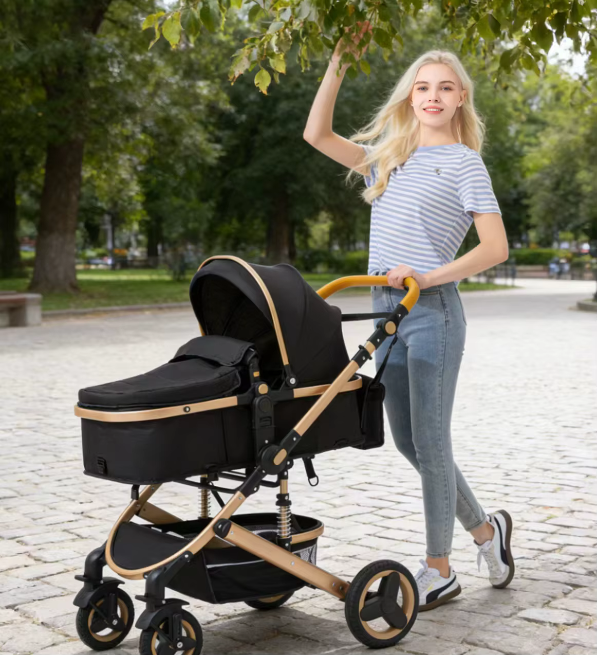 Poussette multifonction 3 en 1 avec panier de couchage et siège auto, poussette compacte pliable, po