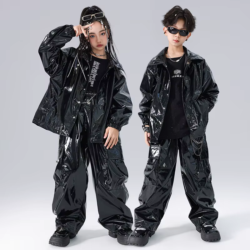 Ensembles veste et pantalon en cuir brillant pour enfants, vêtements de performance de danse sur scè