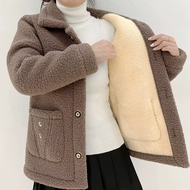 Manteau en fourrure d'agneau à simple boutonnage pour femme, veste décontractée pour femme, poche à 