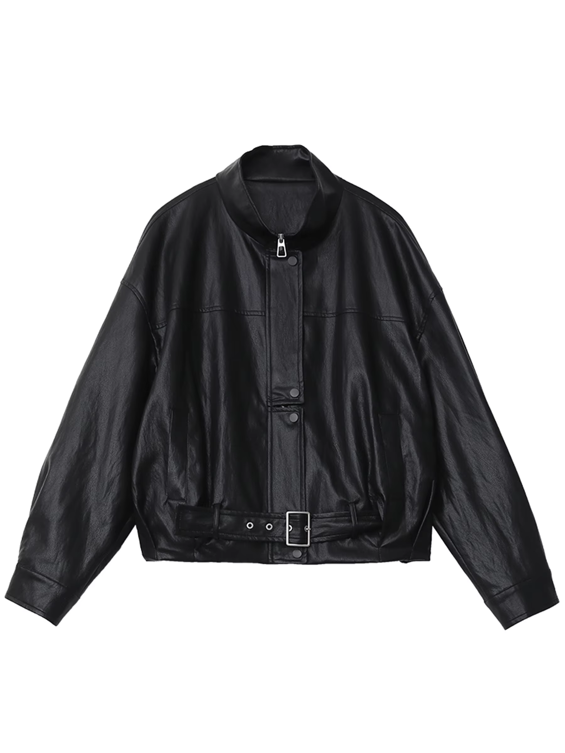 CHIC VEN Nouvelle Veste Courte Femme en PU Style Motard Coupe Ample Col Montant Unie Coupe-Vent Prin