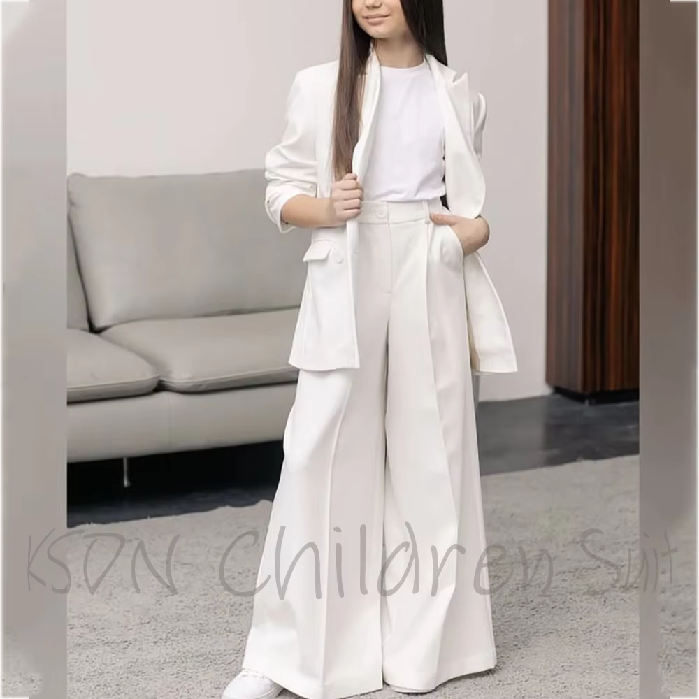 Costume blanc tendance pour fille, col classique à revers, coupe ample, vêtements pour enfants, cost