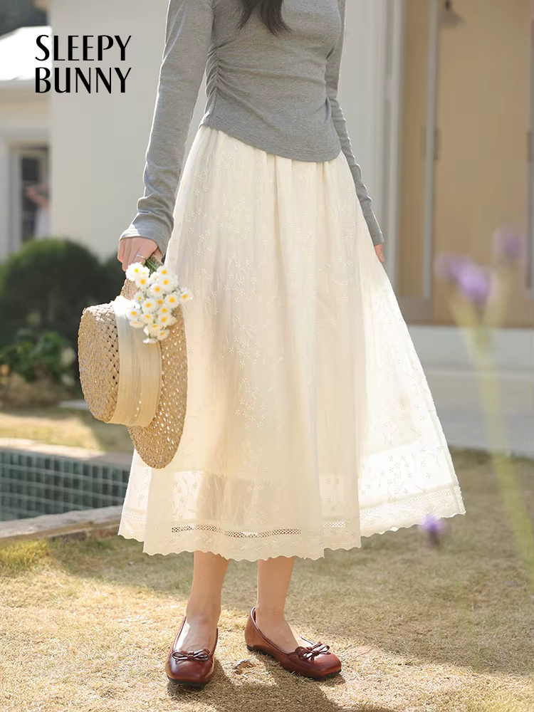 Jupe mi-longue trapèze blanche de Style français pour femmes, taille haute, fluide, Slim, élégante, 