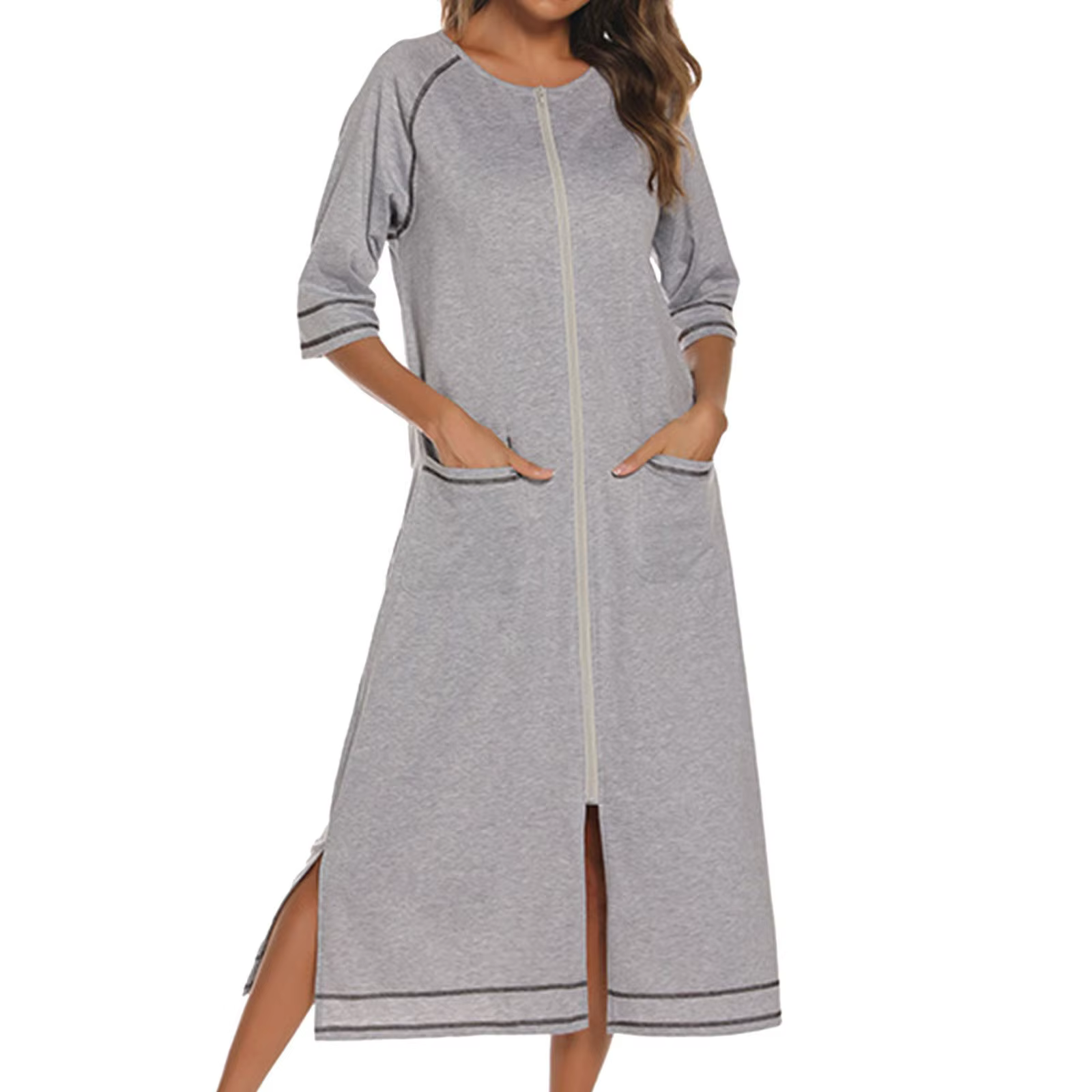 Rubehoow manteau fermeture éclair avant femmes Robes surdimensionné demi manches pleine longueur pei