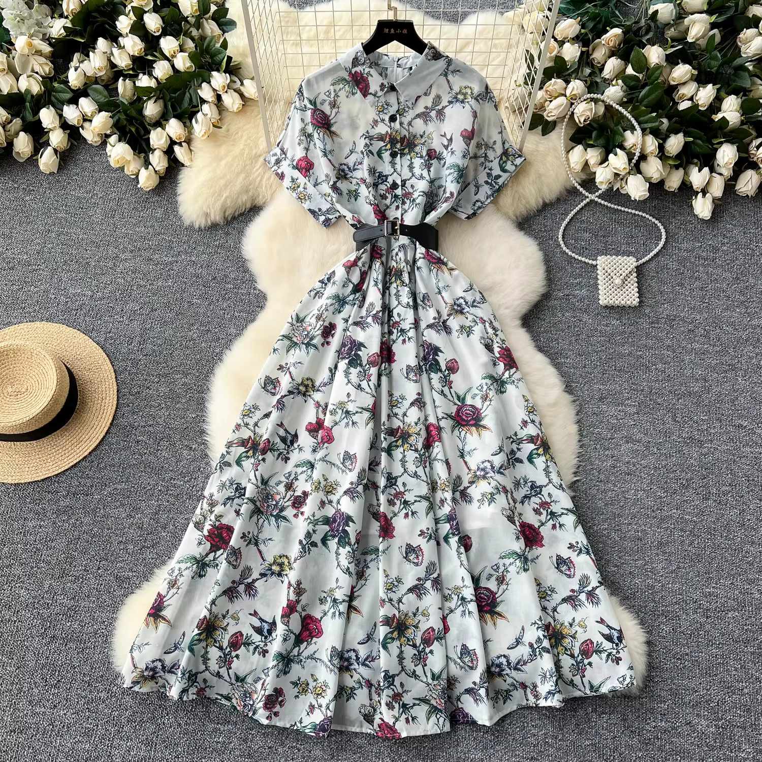 Robe à Revers à Imprimé Floral pour Femme, Vêtement Français Vintage, Manches Courtes, Taille Haute,