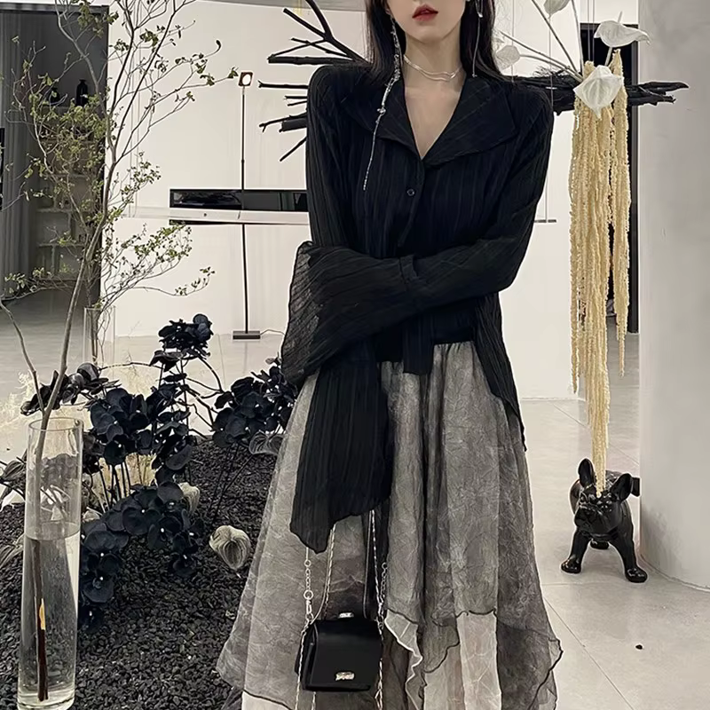 Karrcat – chemises gothiques noires, irrégulières, Style Yamamoto, Blouse à manches évasées, vêtemen