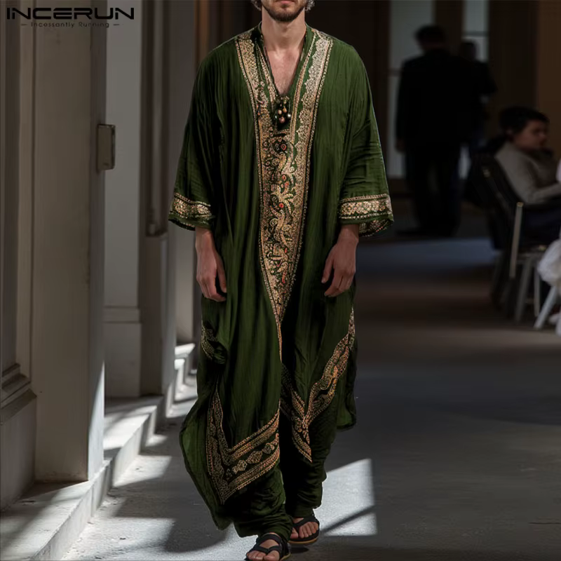 INCERUN hommes Jubba Thobe impression Patchwork col en V à manches longues hommes Robes caftan musul