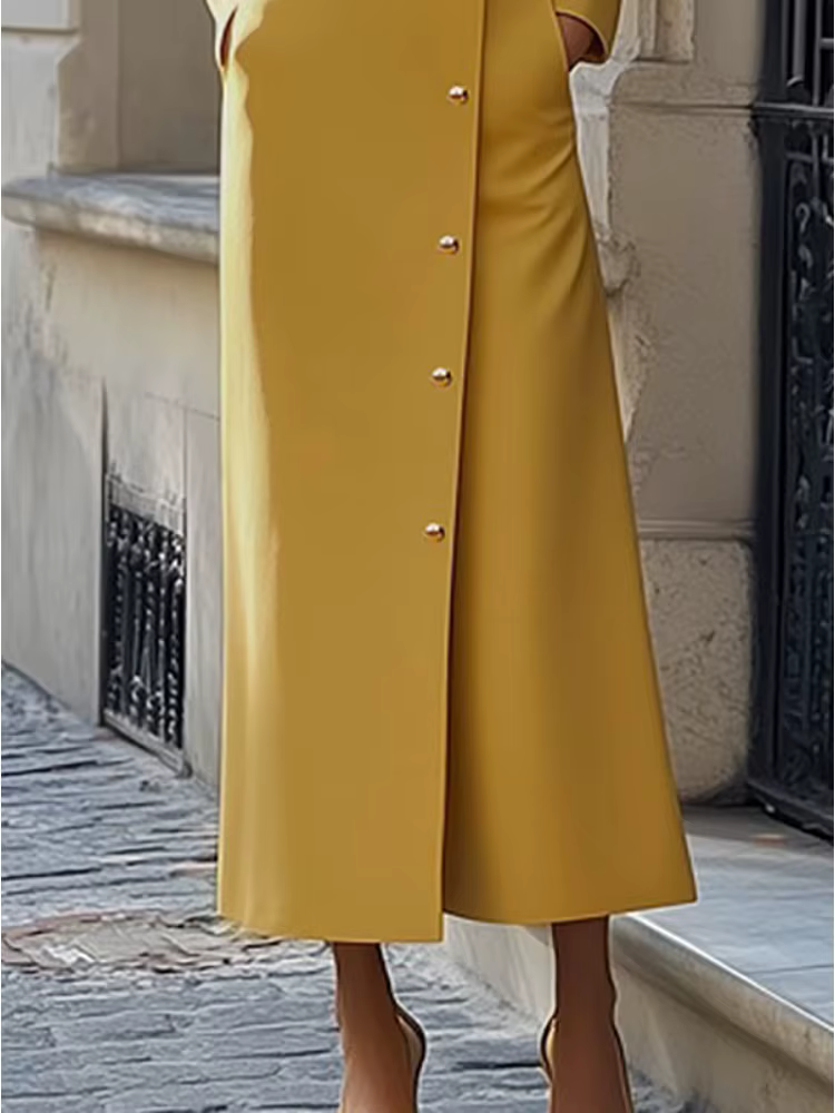 Robe longue boutonnée diagonale à col mandarin jaune pour femme Freeacy, idéale pour les invitées de