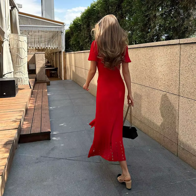 Robe évidée à simple boutonnage pour femmes, élégante robe à revers, manches courtes, chic, rouge, n