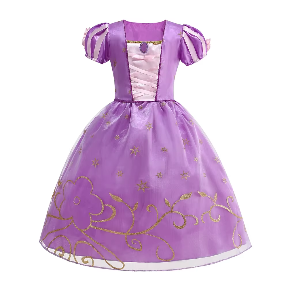 Robe de princesse Raiponce à lacets avec broderie dorée pour enfants, déguisement de cosplay pour fi