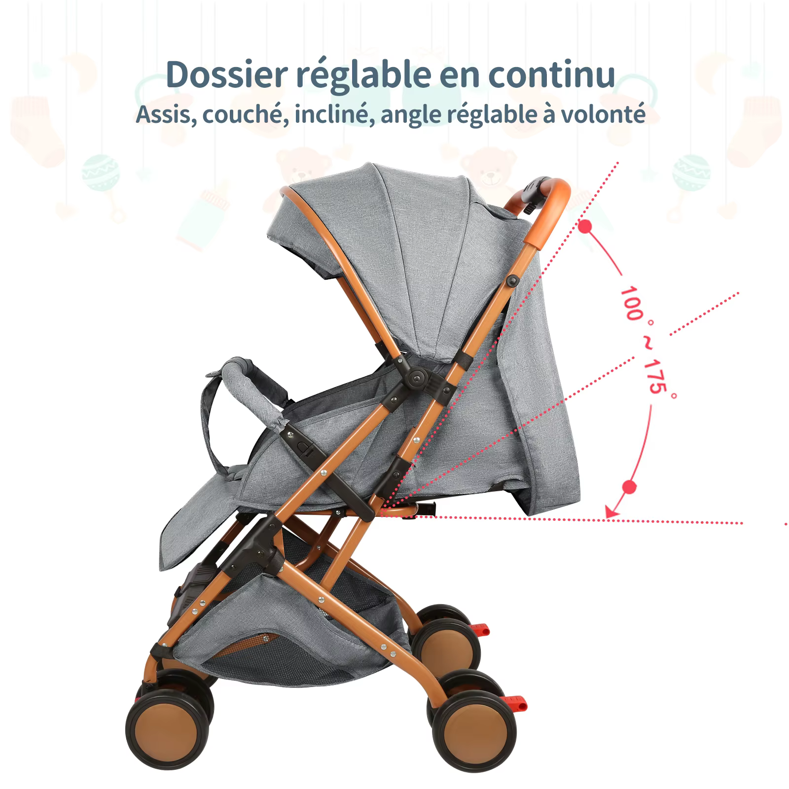 Poussette bébé, chariot avec moustiquaire, jusqu'à 20 kg, avec panier de rangement, 4 roues, pousset