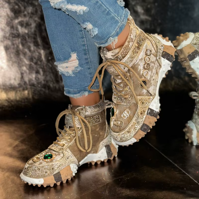 Femmes espadrilles décontractées bottes de créateur de luxe strass daim haut-haut chaussures à fond