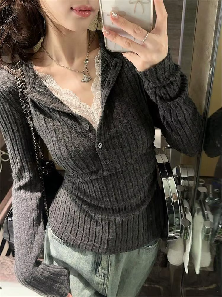 Haut en dentelle Patchwork pour femmes, T-Shirt à manches longues, chemise de Base, mode Vintage, fa