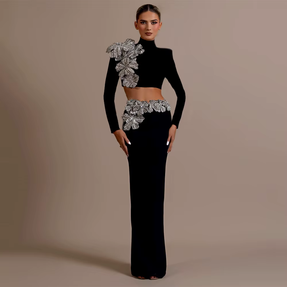 Ensemble deux pièces pour femmes, Sexy, diamants, manches longues, hauts, jupes, vêtements d'automne