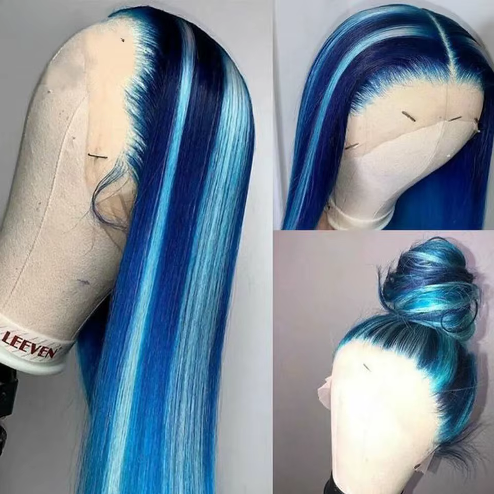 Perruque synthétique longue et droite bleue sans colle 13x4, pré-épilée, prête à porter pour femme,