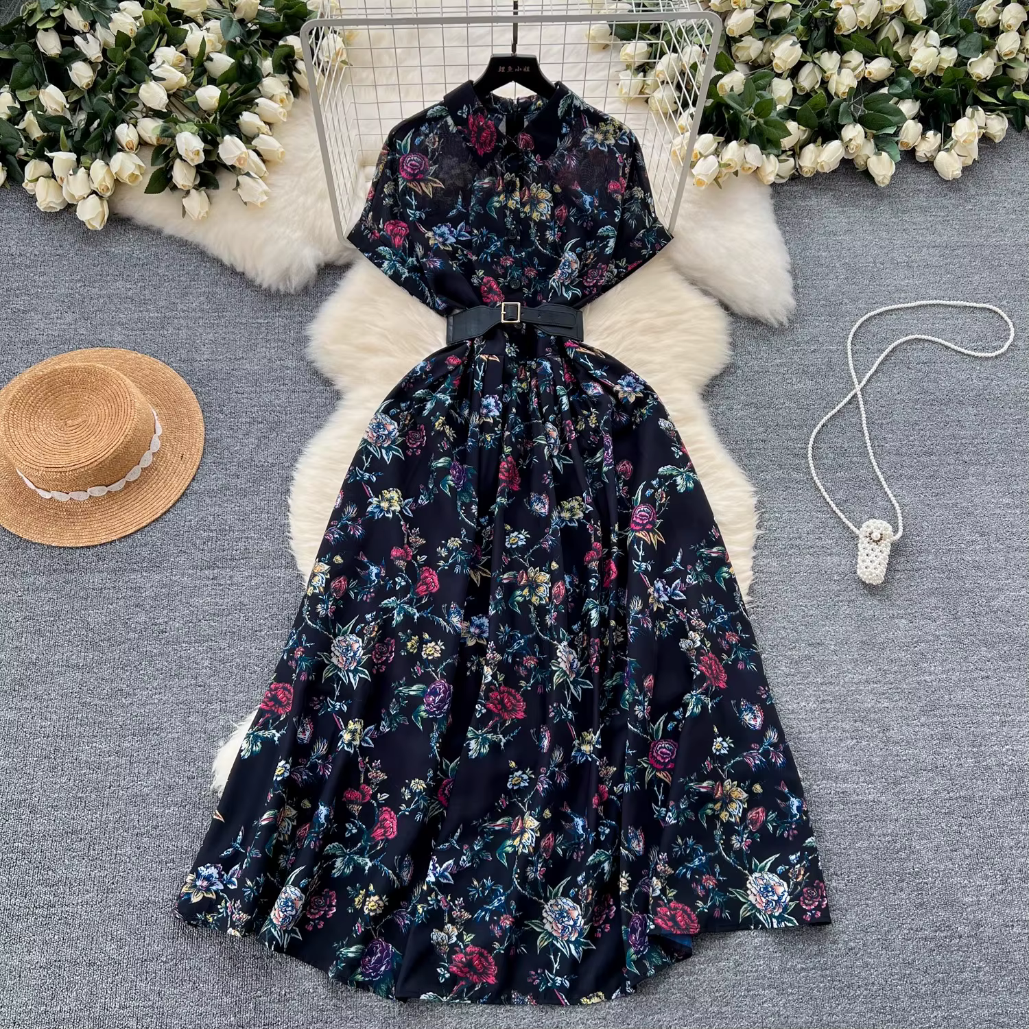 Robe à Revers à Imprimé Floral pour Femme, Vêtement Français Vintage, Manches Courtes, Taille Haute,