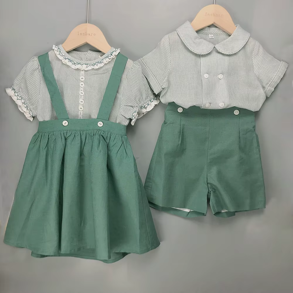 Boutique de vêtements pour enfants, tenue à rayures pour garçons et filles, ensemble en coton et lin