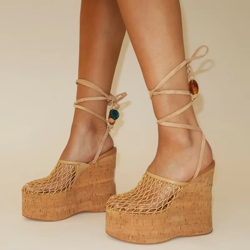 Plate-forme grille croix liée sandales Sexy ronde Slingback ceinture boucle nouveautés mode femmes c