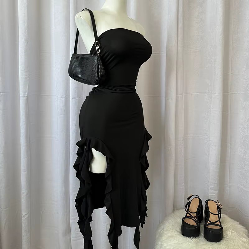 Mini robe sans bretelles pour femmes, Sexy, ourlet pliable, fente haute, couleur unie, dos nu, sans 