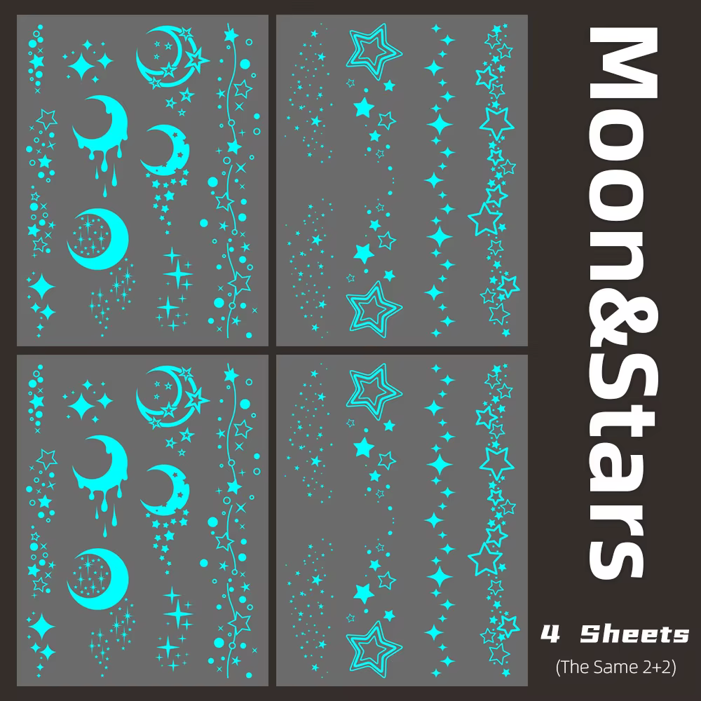 Tatouages lumineux bleus lune et étoiles, 4 feuilles, fournitures de décoration pour cadeaux de mari