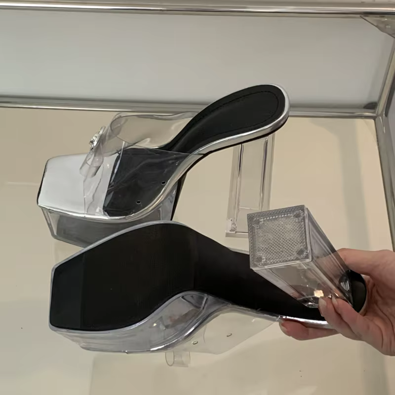 Eilyken-Pantoufles à plateforme en cristal argenté transparent pour femmes, sandales à talons carrés