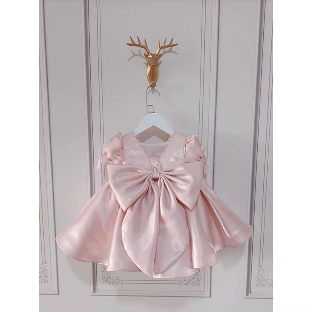 Robes pour enfants à manches bouffantes et perles roses, avec nœud, vêtements de spectacle de danse,