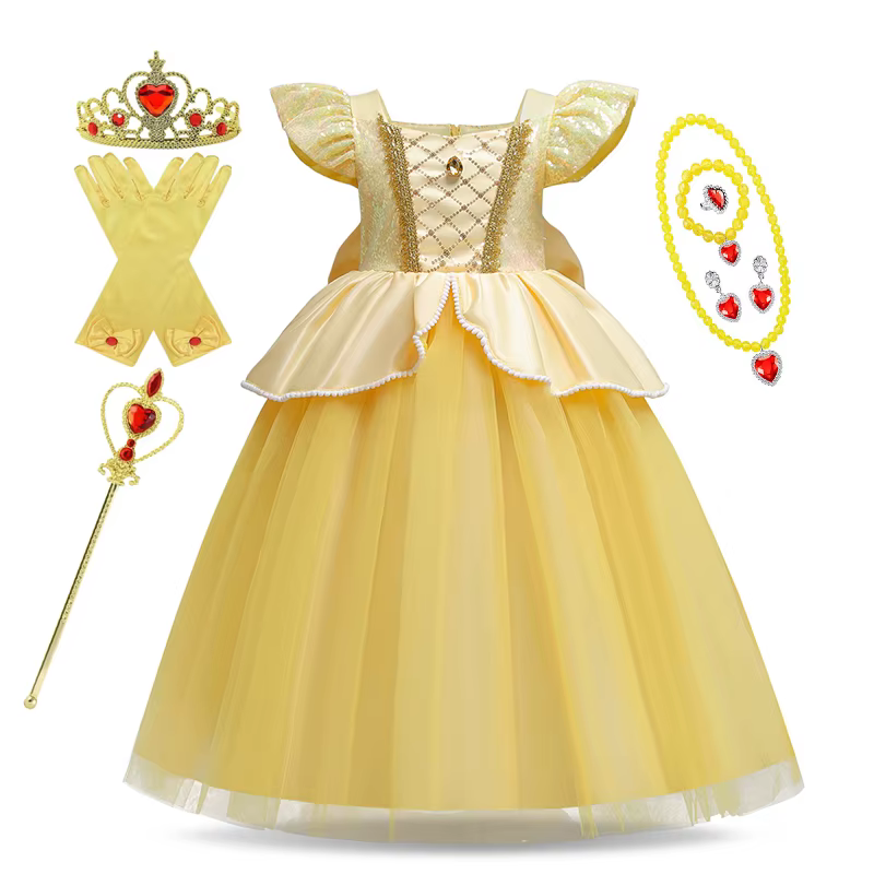 Robe Disney raiponce Belle pour enfants filles, déguisement de princesse de carnaval, tenue de fête 
