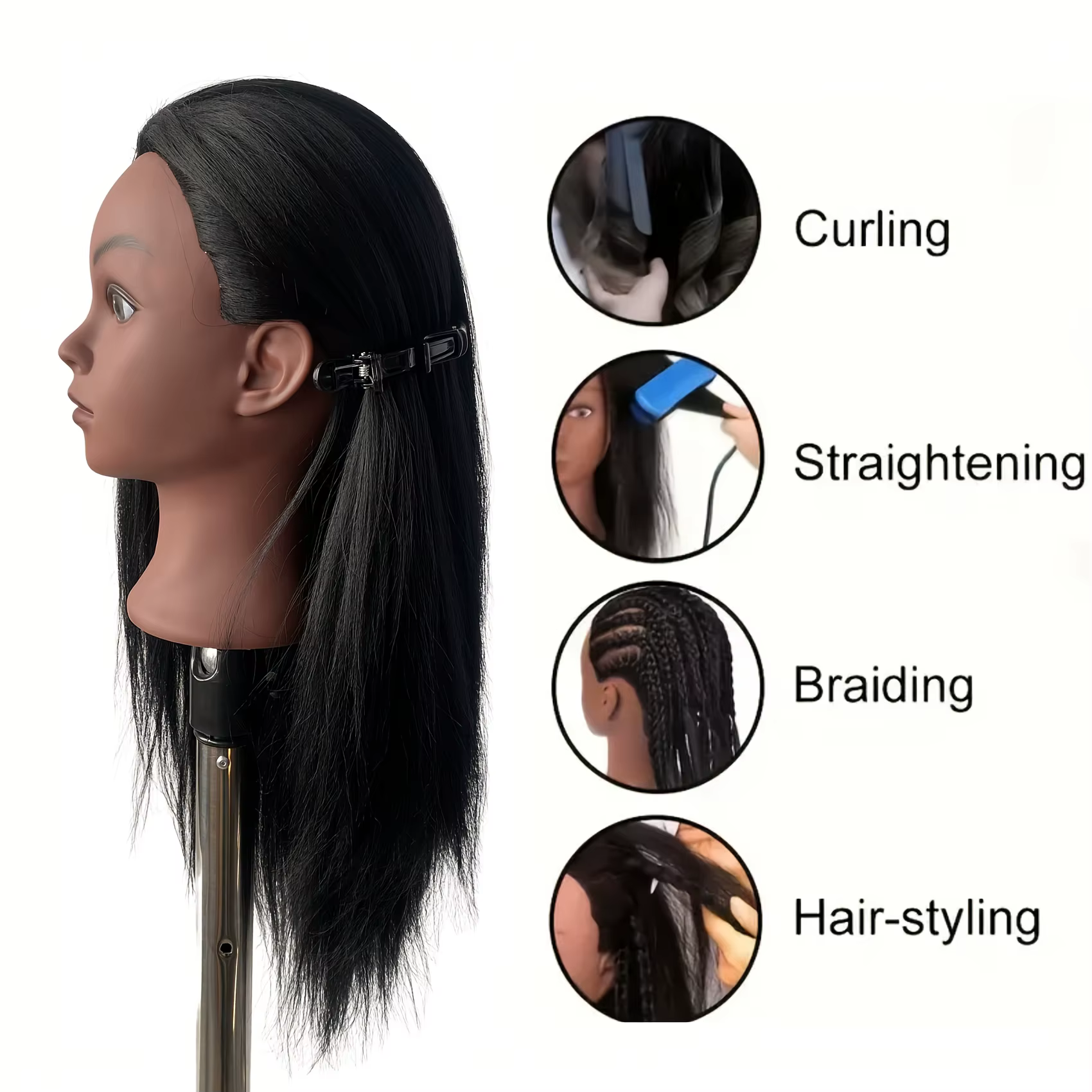 Tête de Mannequin noire de 16 pouces avec cheveux synthétiques pour la pratique du tressage, tête de