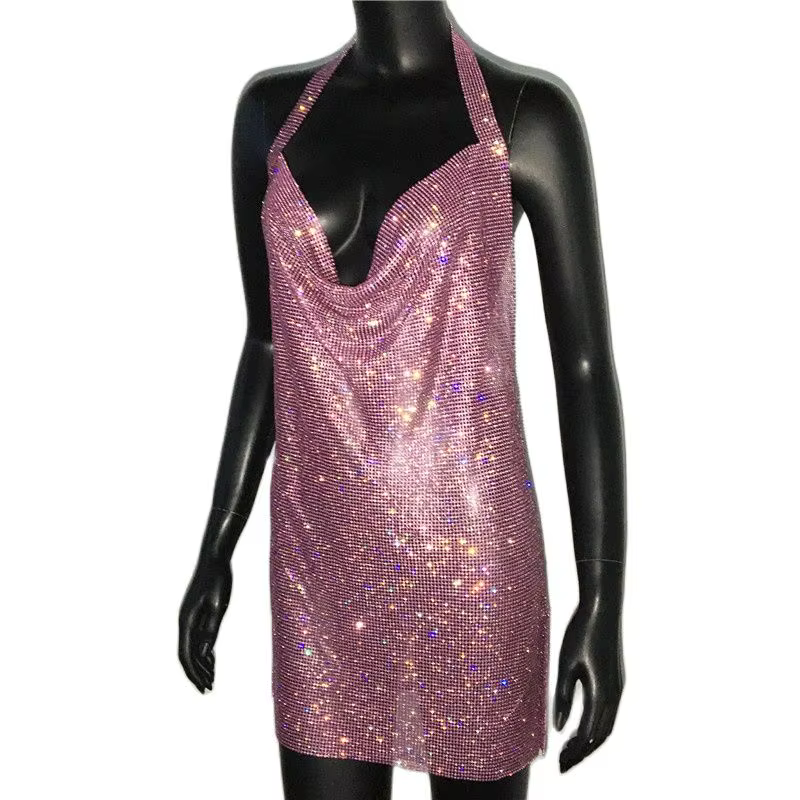 Robe dos nu en strass scintillants, Sexy, décolleté en V profond, sans manches, fendue sur le côté, 