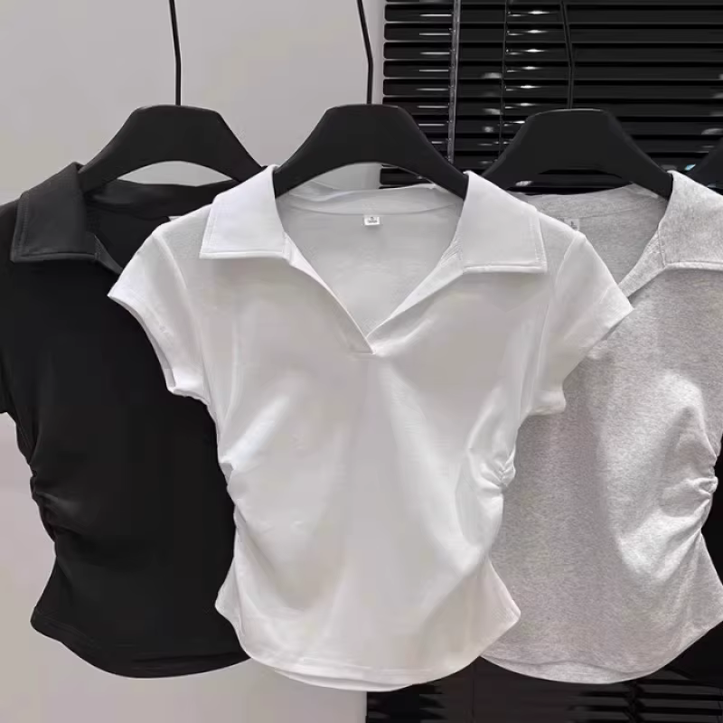Coton été Sexy femmes t-shirt maigre mince basique solide haut court à manches courtes Polo t-shirt 