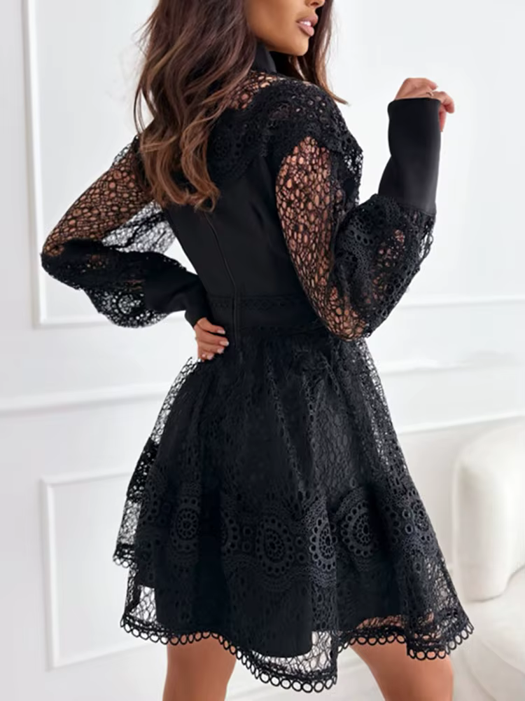 Mini robe à col rond pour femmes, couleur unie, vêtements de détente, mode, ajouré, manches lanterne