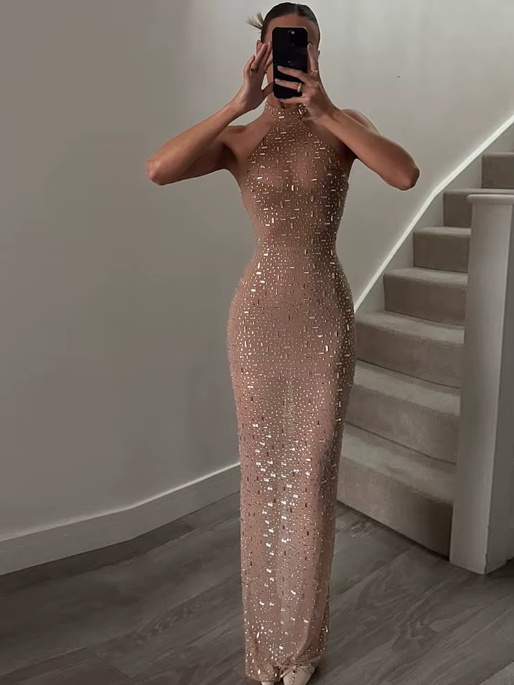 Robe de soirée sexy Kliou pour femme, décoration en faux diamants, col rond, épaules dénudées, taill