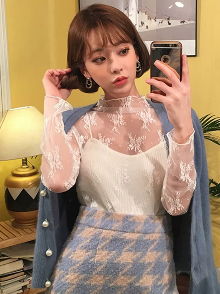 Haut intérieur en dentelle à col haut pour femmes, nouveau style d'automne et d'hiver, chemise en ma