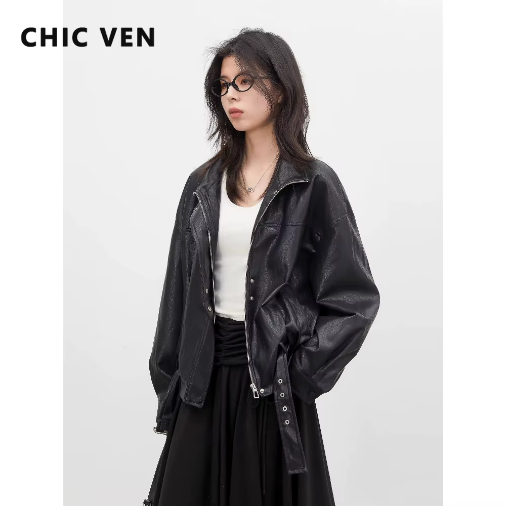 CHIC VEN Nouvelle Veste Courte Femme en PU Style Motard Coupe Ample Col Montant Unie Coupe-Vent Prin