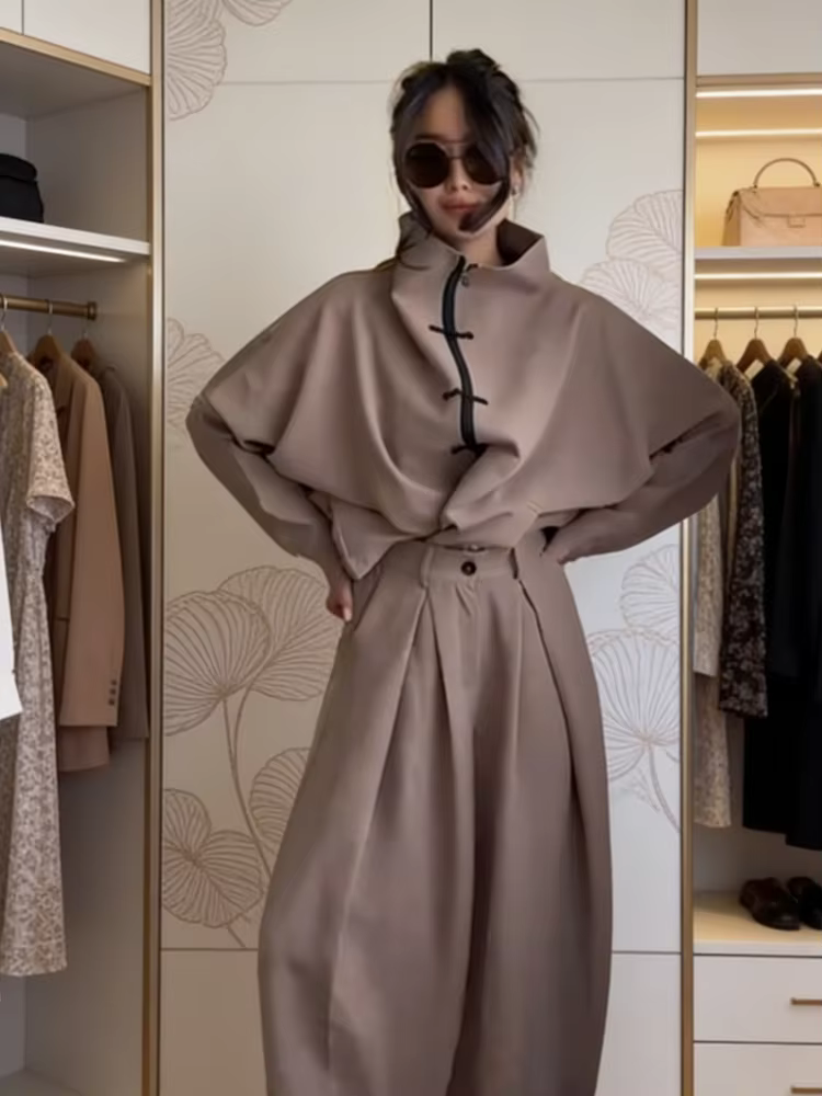 Ensembles assortis pour femmes 2026 : Veste unie à col montant et pantalon ample à manches longues a