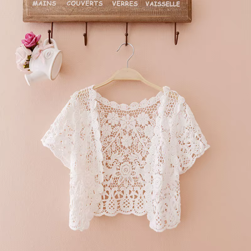 Femmes manches courtes Crochet haussements d'épaules évider fleur dentelle ouvert devant recadrée Ca