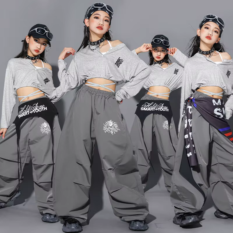 Crop top à lettres K-pop pour filles, pantalon cargo, streetwear pour enfants, costume de groupe de 
