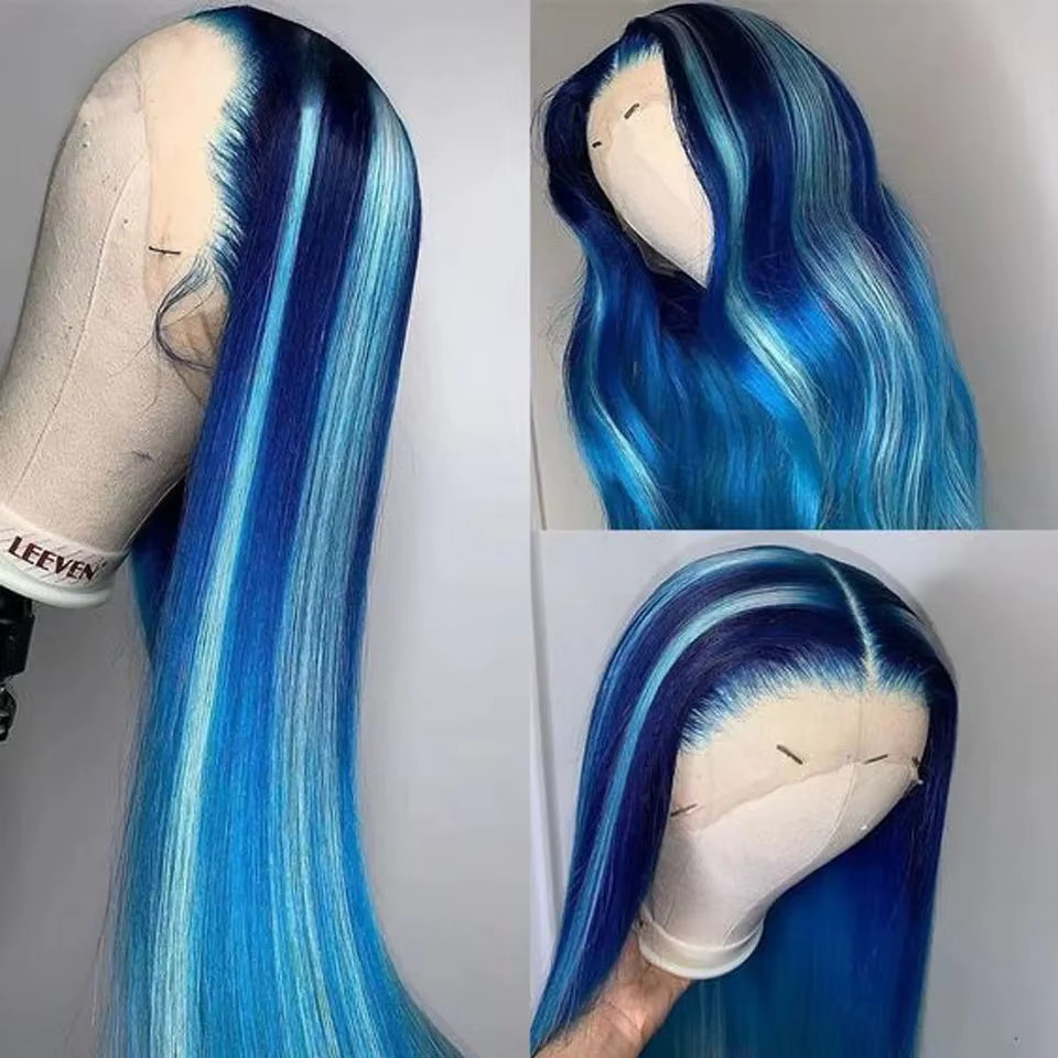 Perruque synthétique longue et droite bleue sans colle 13x4, pré-épilée, prête à porter pour femme,
