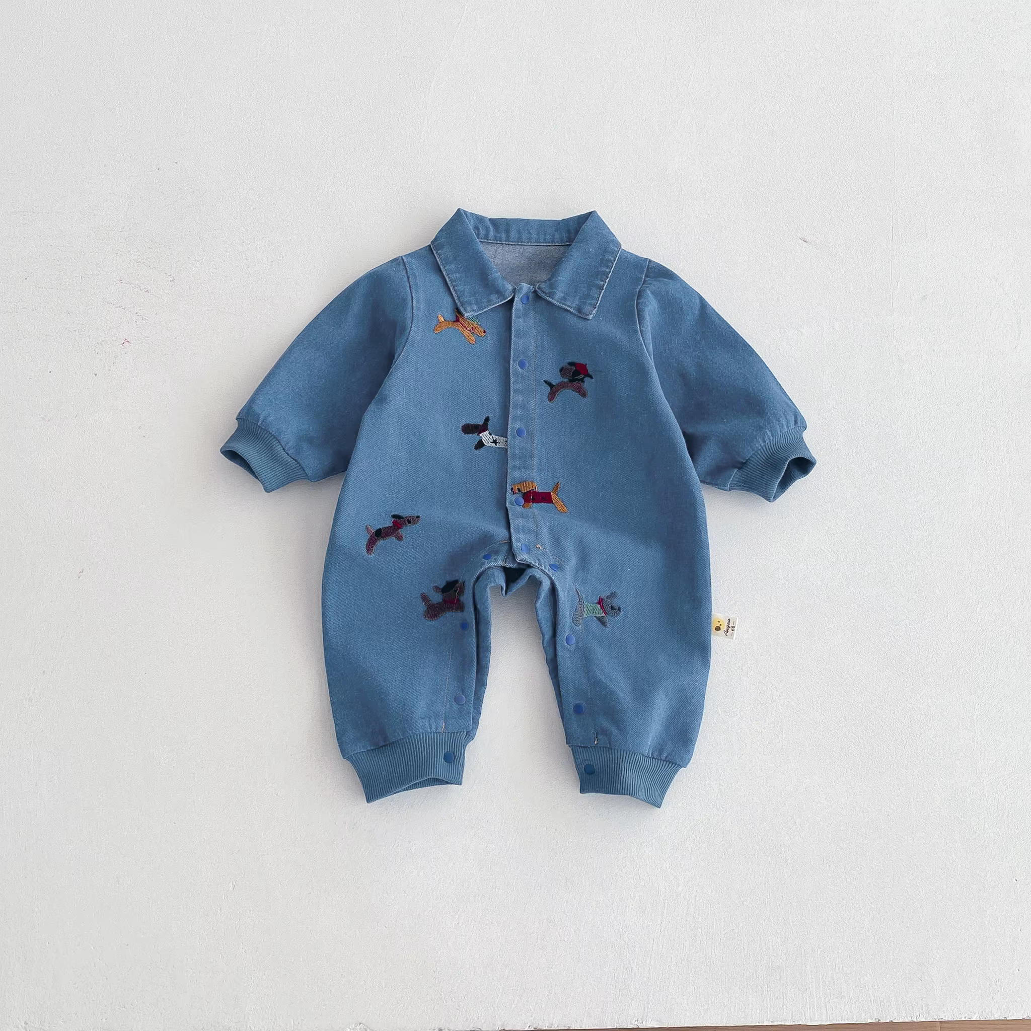 Costume une pièce pour bébé, vêtements d'automne en denim, vêtements rampants d'extérieur brodés pou