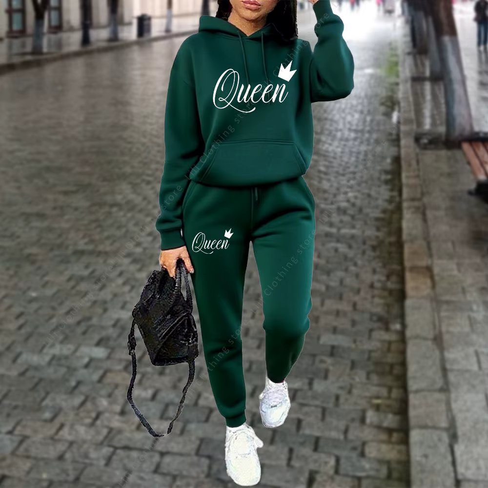 Ensemble 2 pièces pour femme avec imprimé graphique Queen Letter, sweat à capuche et pantalon, tenue