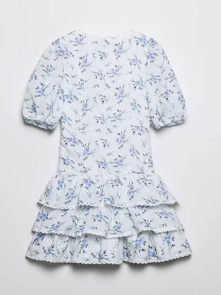 YENKYE-Mini robe à volants en dentelle pour femmes, imprimé floral, manches bouffantes vintage, garn