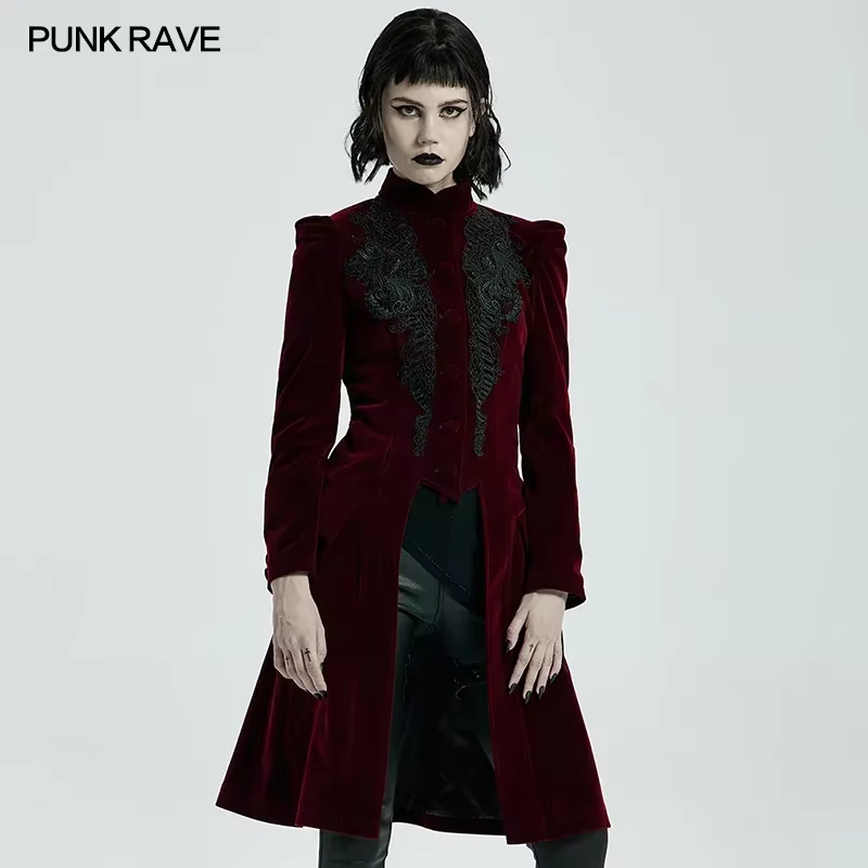 PUNK RAVE-Manteau mi-long gothique pour femme, magnifique veste rétro, velours de trame de haute qua