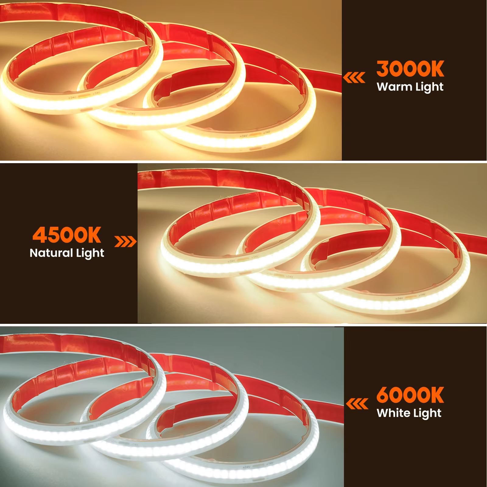 Bande lumineuse LED COB étanche IP68, 12V 24V, 320 diodes/m, haute luminosité, RA90, Flexible, pour 