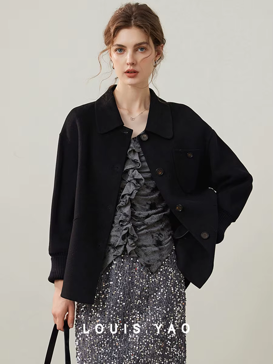 Modiis Yao-Manteau en laine double face pour femme, manteau en laine à manches longues, revers à la 