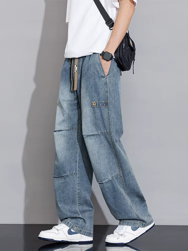 Jean cargo pour homme 2026 Nouvelle collection Printemps-Été, coupe large, en denim, style droit et