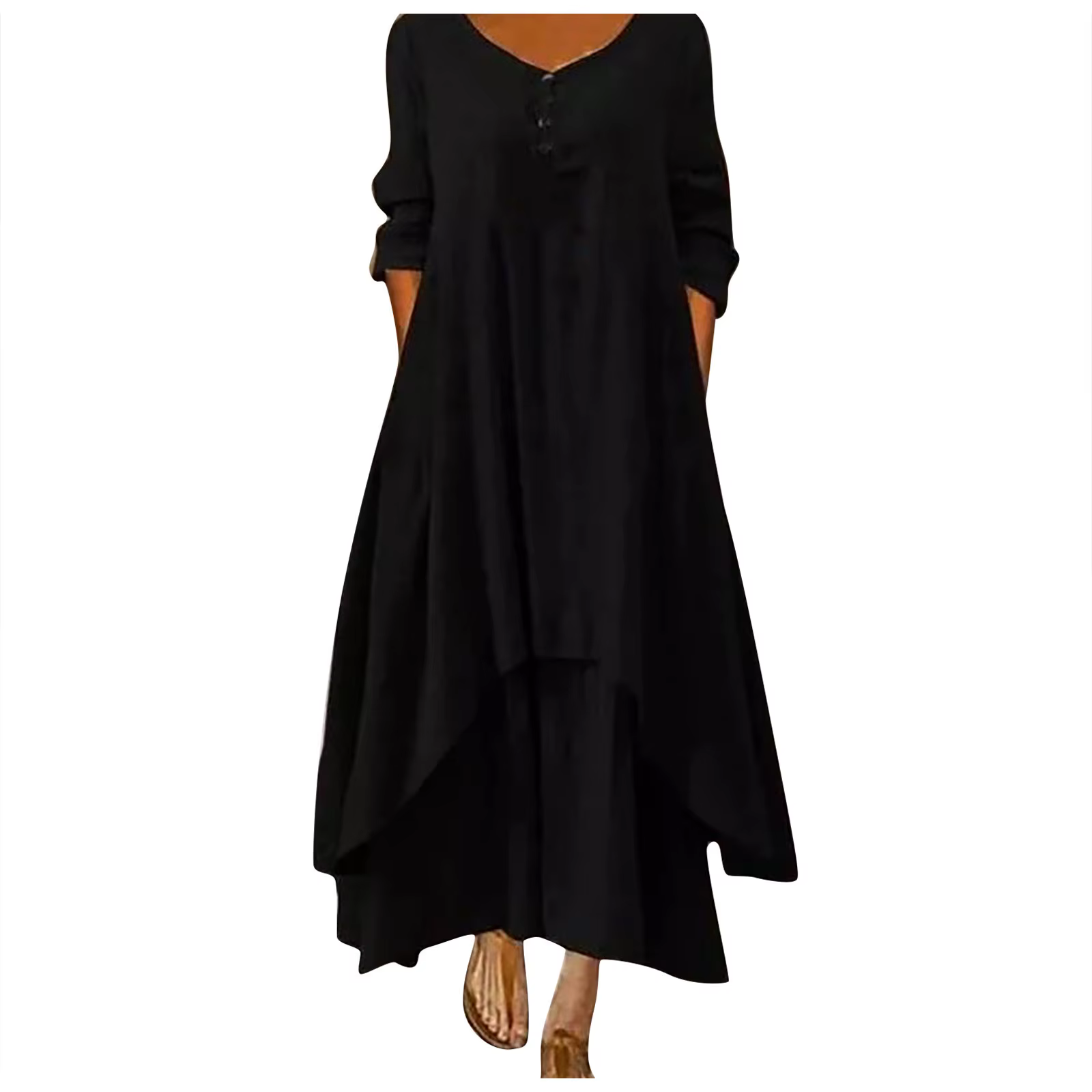 Robe longue en coton pour femmes, décontractée, à la mode, avec boutons, couleur unie, pour document