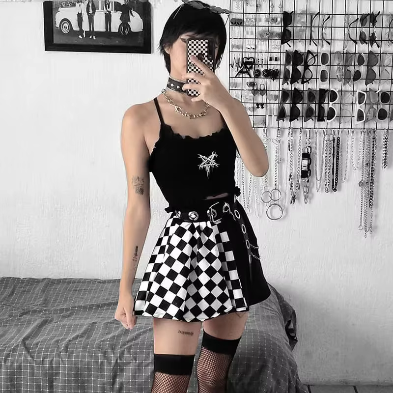 Jupe gothique sexy taille haute pour fille noire, jupe Harajuku Y2k, abonnés à la couture à carreaux